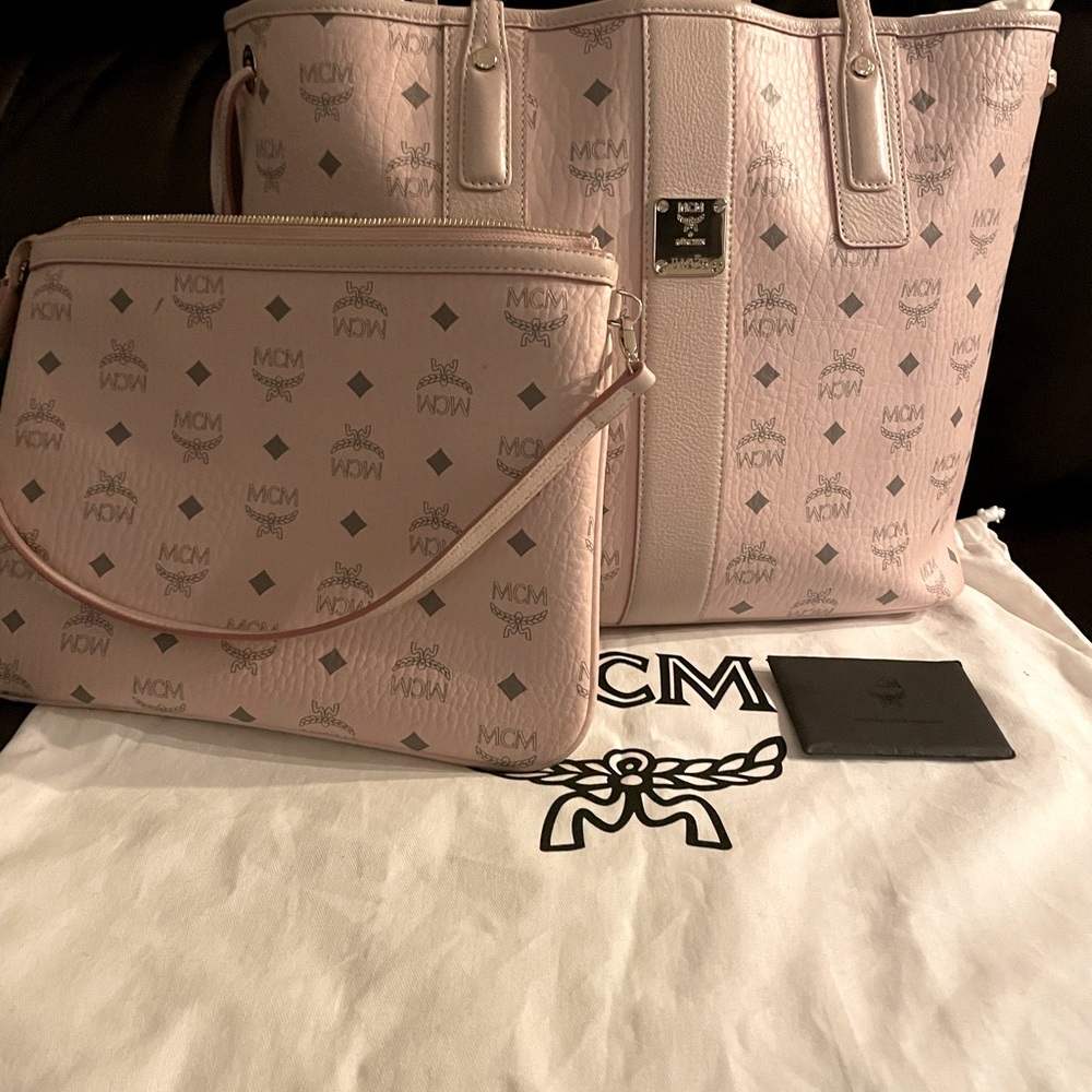 Authentic Powder pink MCM medium tote with pouch